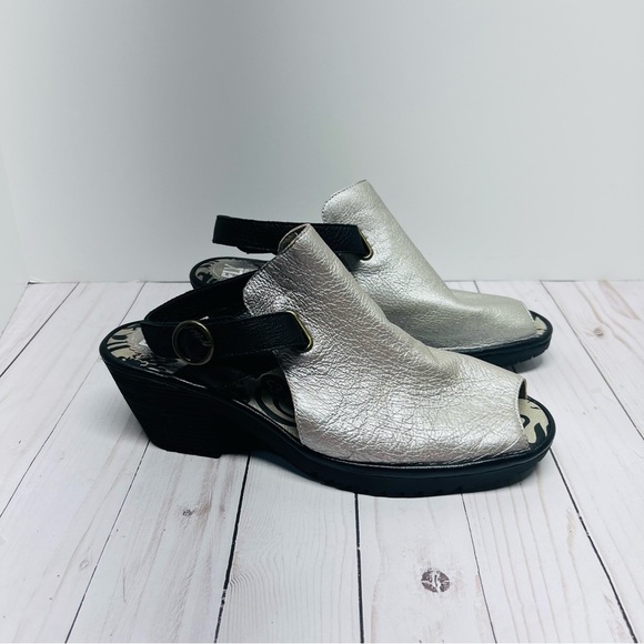 Fly London Wena Silver and Black Slingback Mules Size 41 - Picture 6 of 13